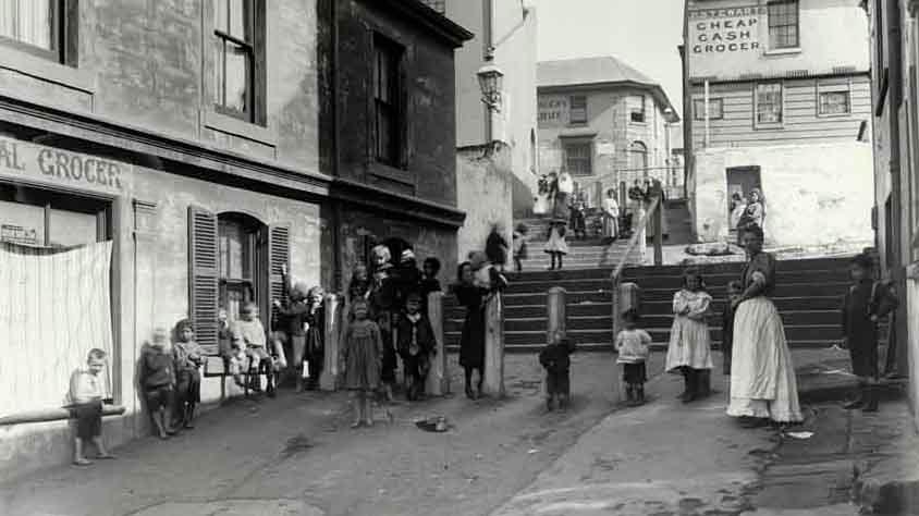 A photo of Cumberland Place and the old slums of The Rocks